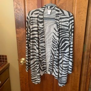 Chico, ZENERGY Cardigan Sweater, GRAY with GRAY and BLACK Zebra stripes.